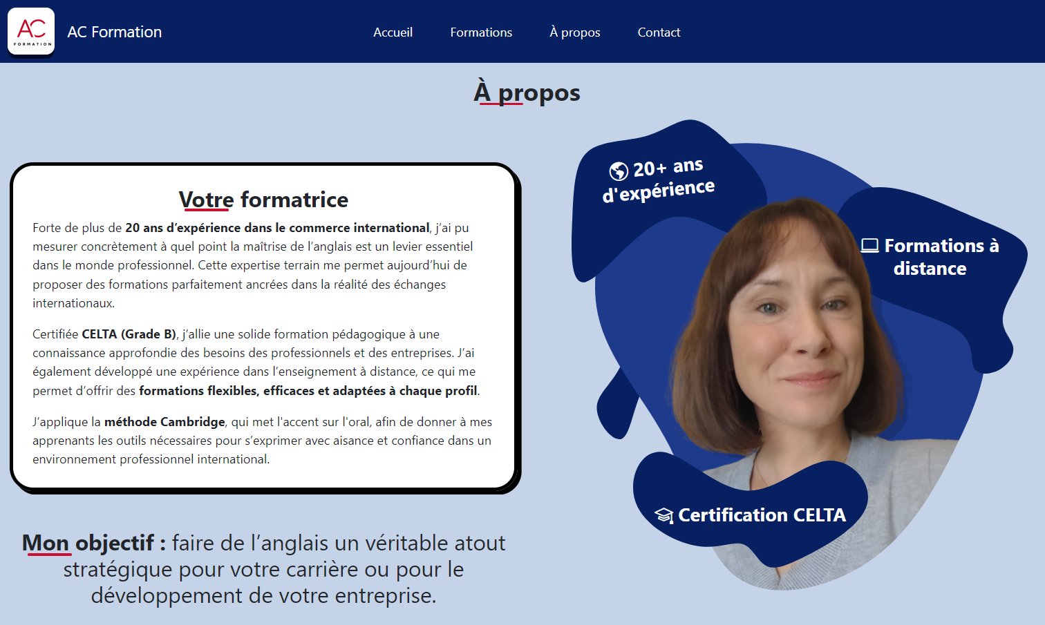 Presentation of the client, with a paragraph explaining her experience and a picture