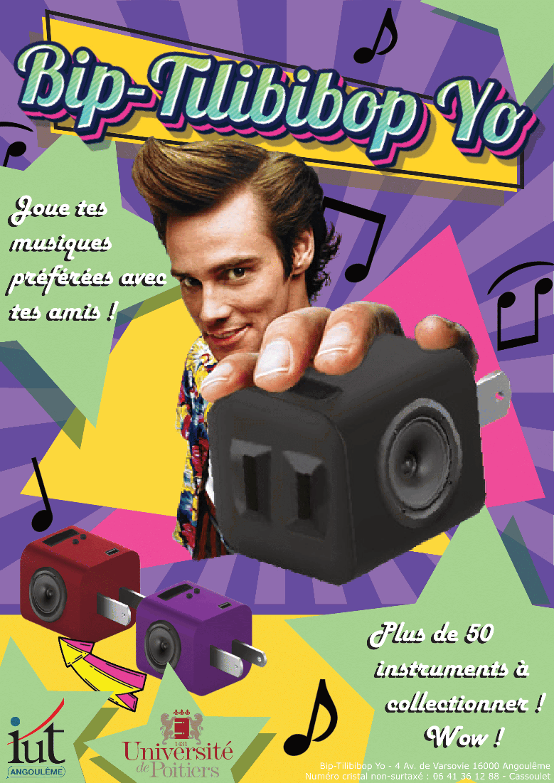A poster for small speakers that link together, each playing a different instrument.