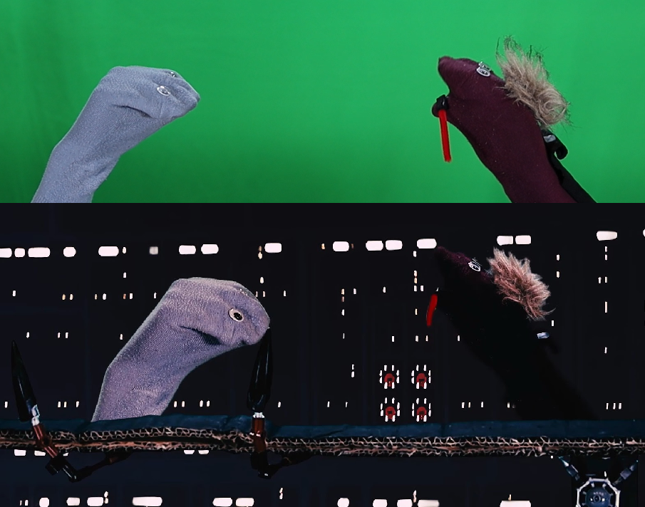 A comparison of a scene parodying Star Wars beofre and after editing